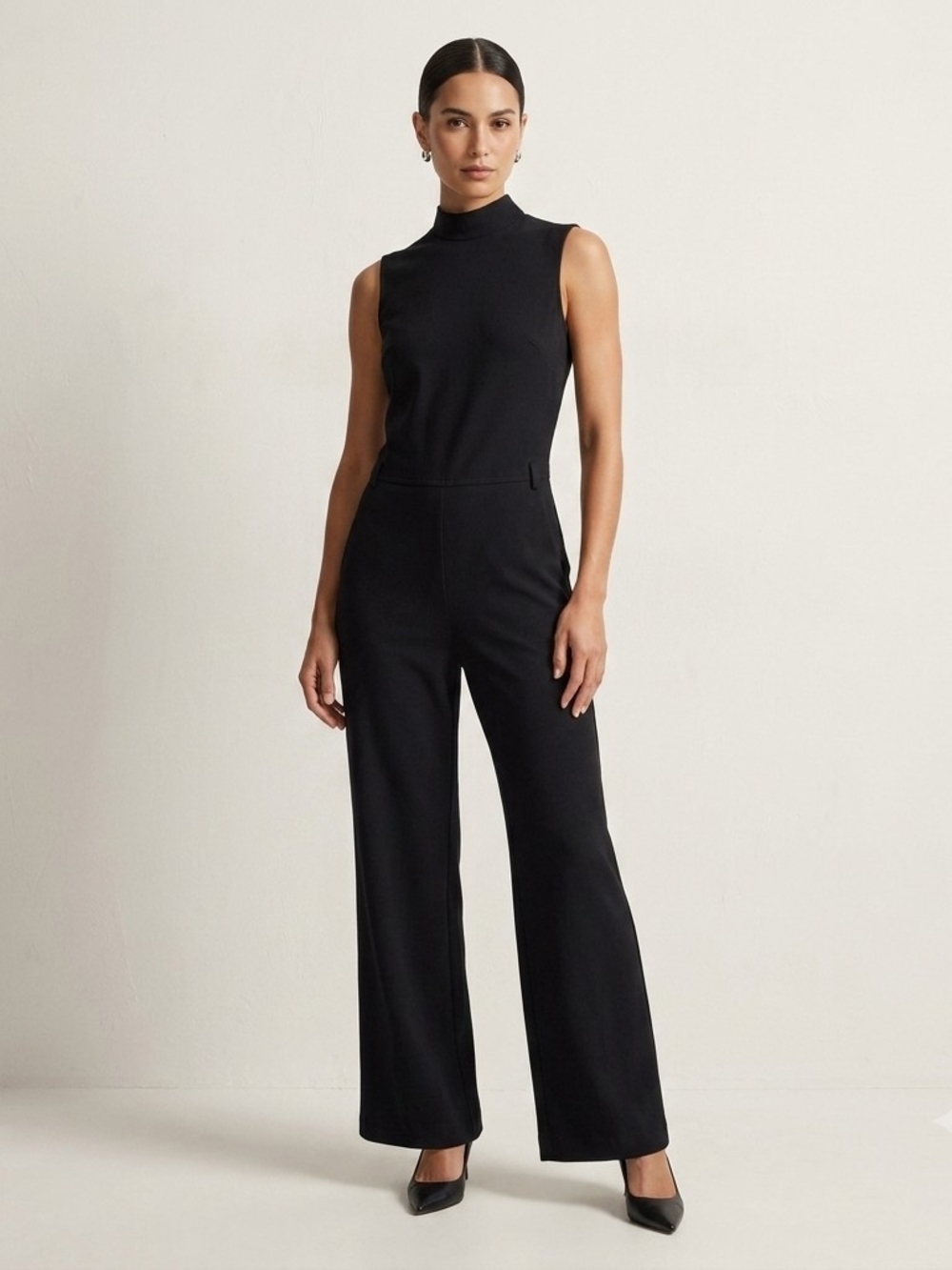 Sleeveless Mock-Neck Black Wide-Leg Jumpsuit